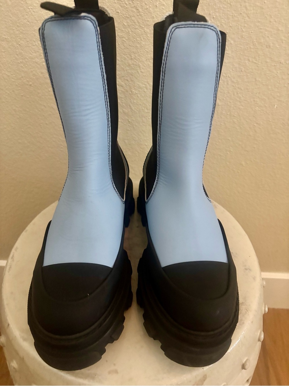 Ganni Cleated Mid Chelsea Boots in Light Blue and Black